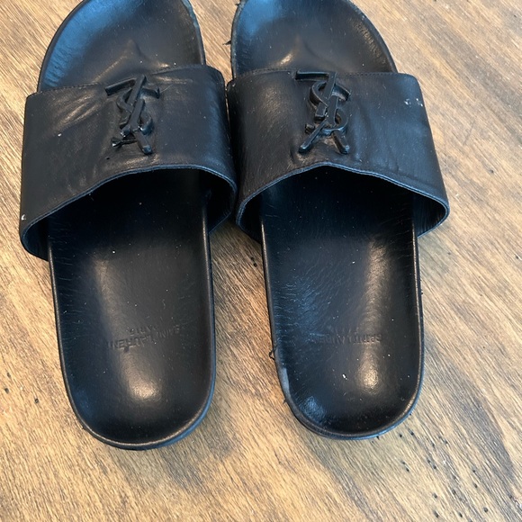 YSL Saint Laurent Joan Logo Slides Sandals Black Leather Sz 37.5 FAIR - Picture 3 of 14